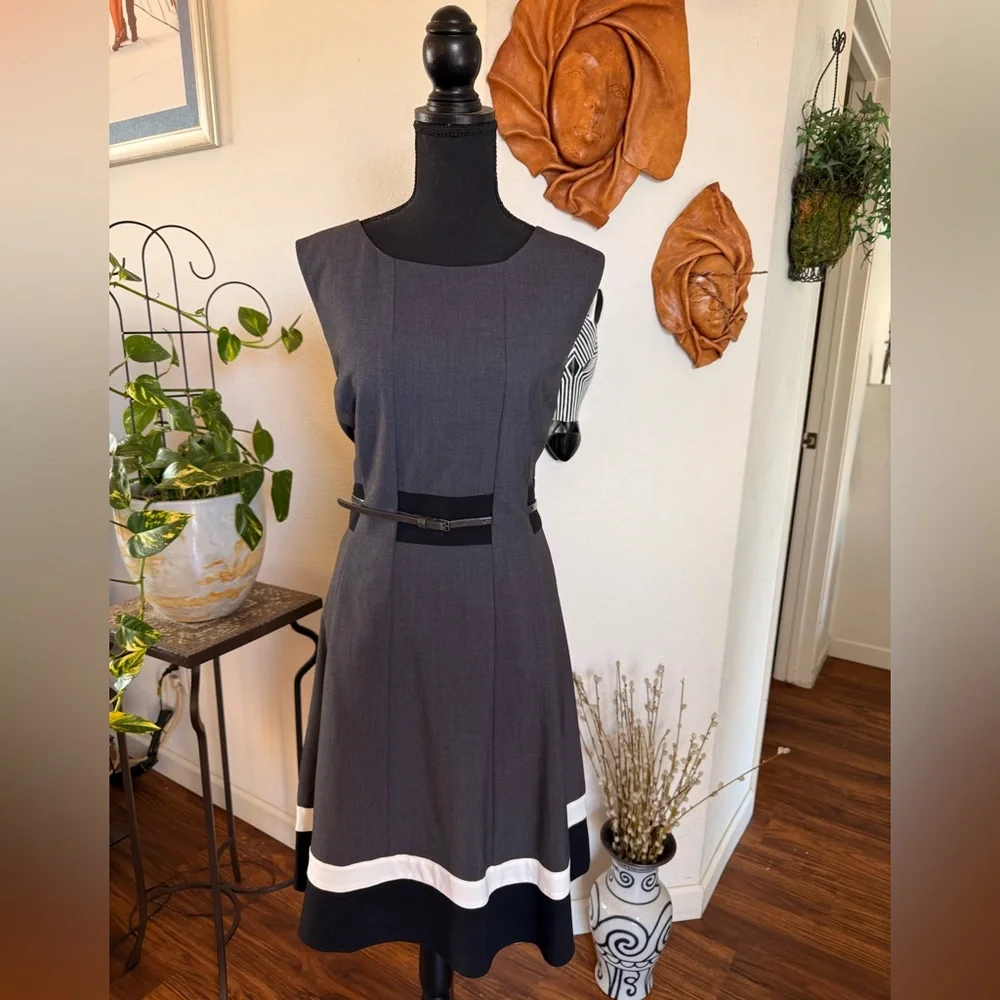 Calvin Klein Charcoal Gray Sleeveless Belted Dress - Picture 1 of 5